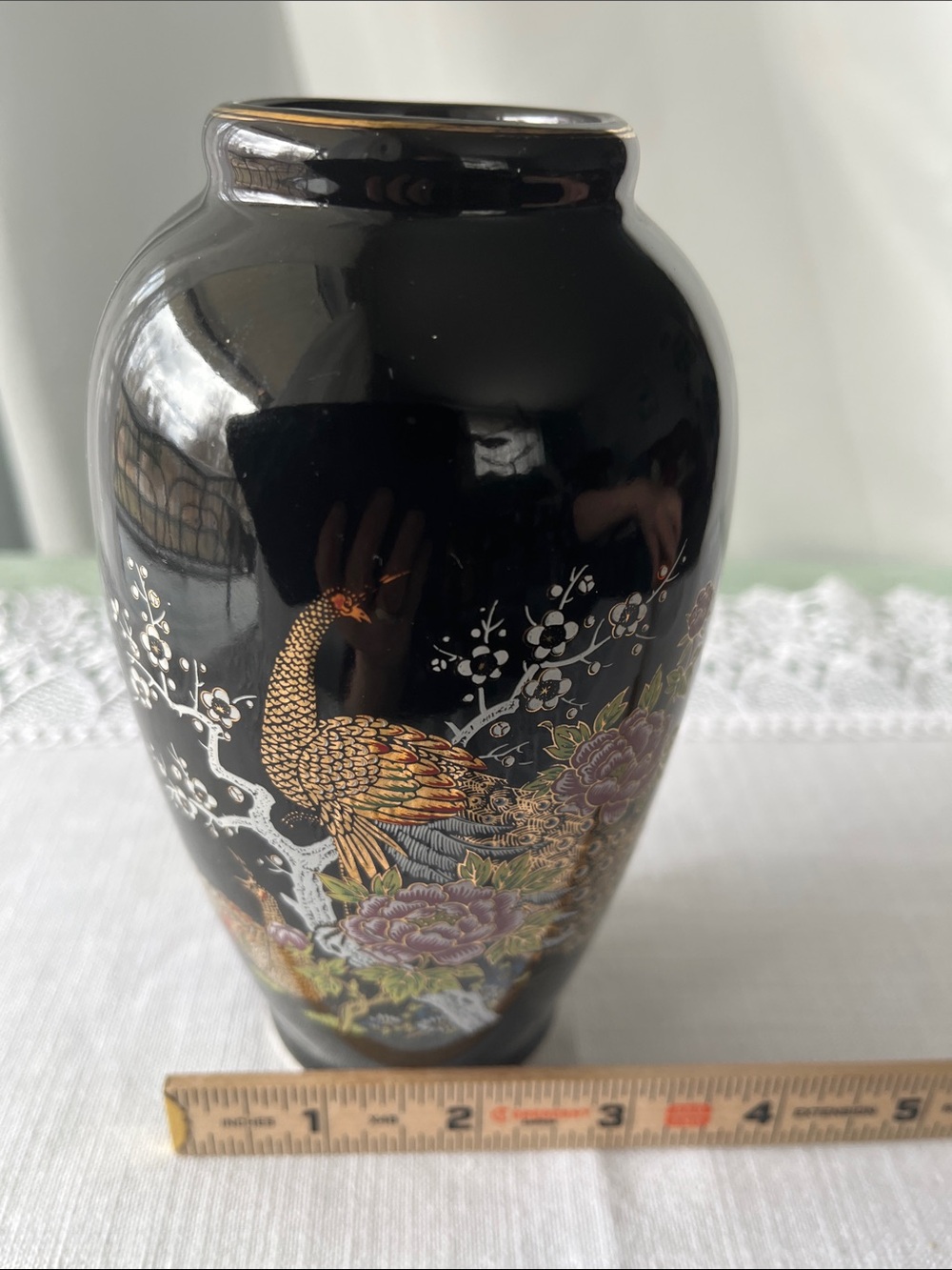 Vintage Japanese Black Porcelain Peacock & Peony Vase – Gilded Chokin Style – 6” - Picture 6 of 6